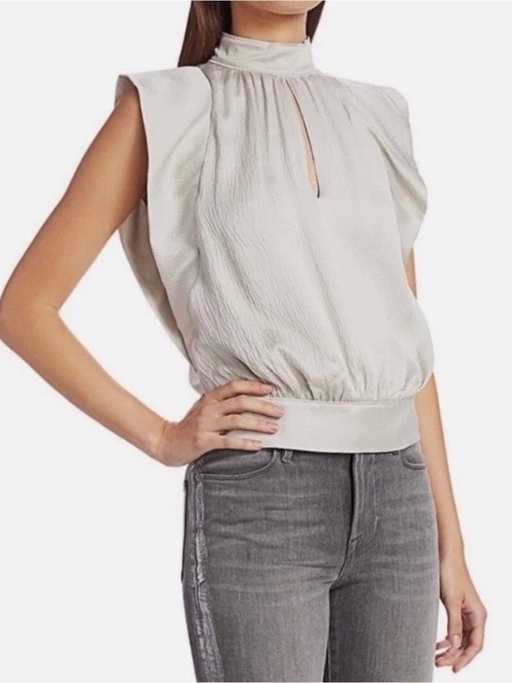 Frame Silk Top Womens Large Silver Keyhole Cap Sleeve Blouse Shirt B1